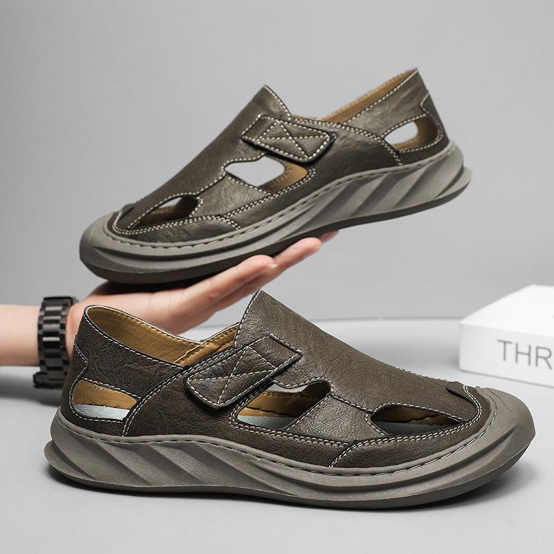 

Cave shoes 22 summer new Roman sandals soft leather non-slip personalized breathable hollow sandals 44 хакі