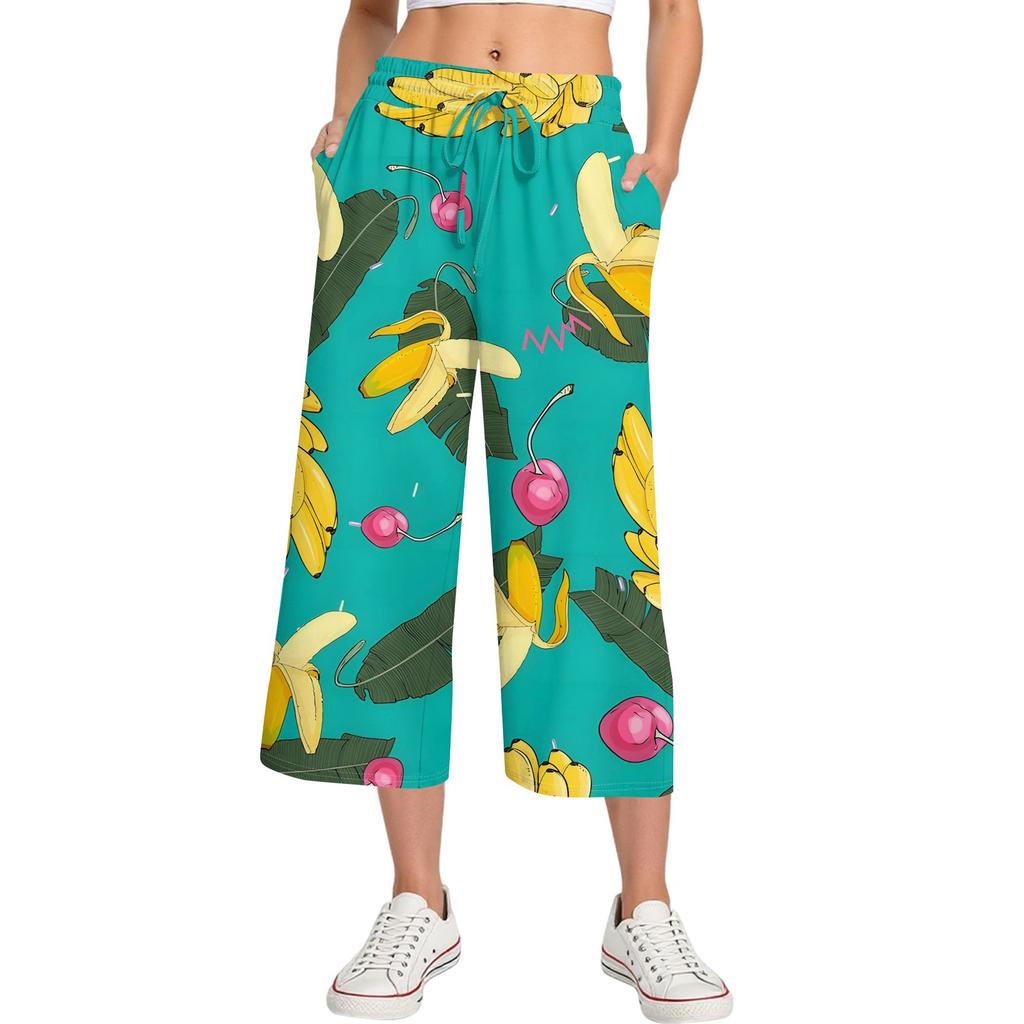 Damen Sommer Hohe Taille Bedruckte Freizeit-Sportbekleidung Lässige Cropped-Hose Weite Hose