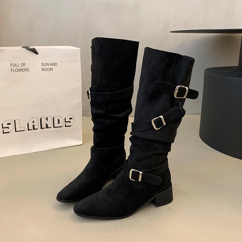 Winter Hottie Pleated Women Western High top Fashion Belt Buckle Slip on Concise Thick Heel Knight Long Booties
