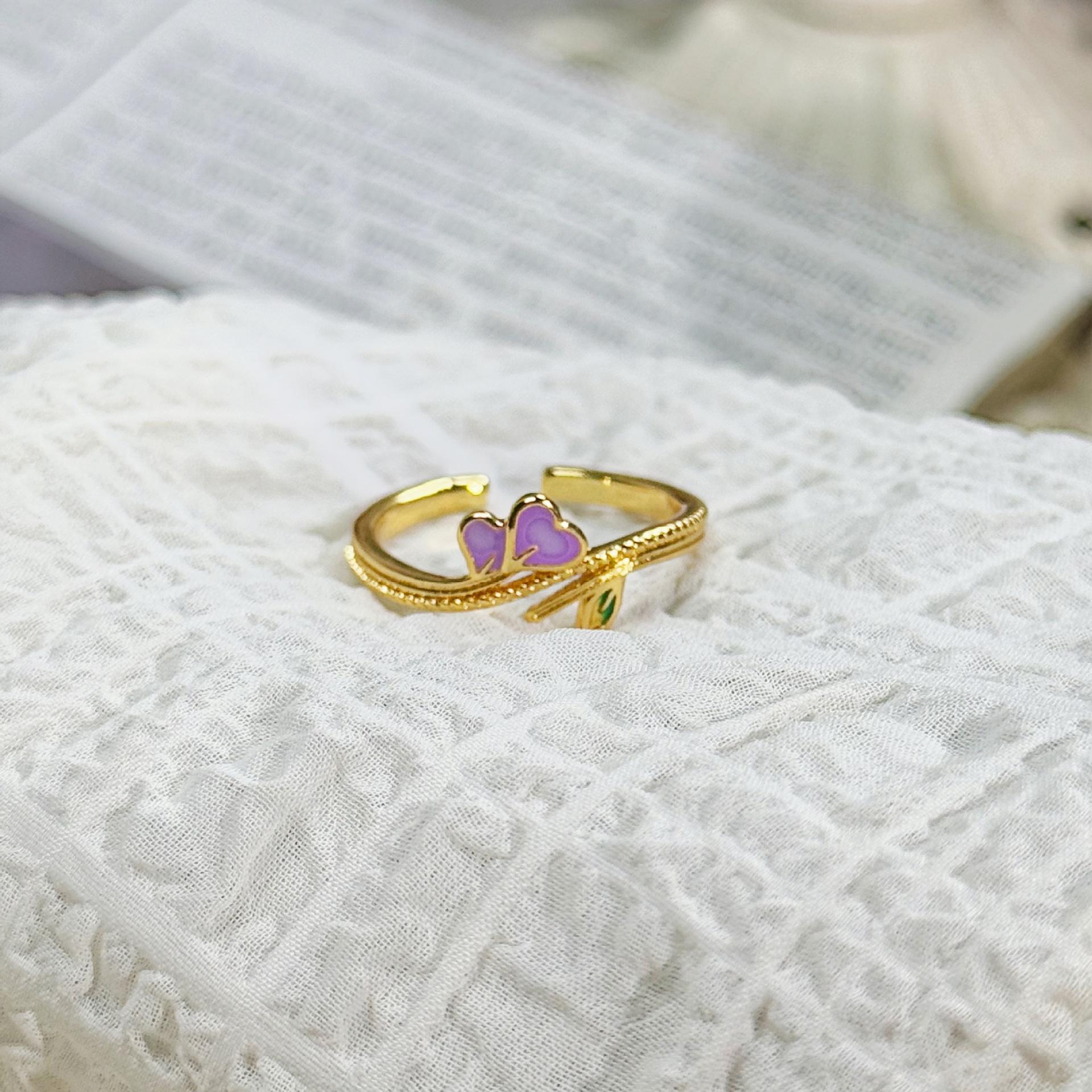 Purple Romantic Enamel Oil Dropping Butterfly Flower Opening Ring Female Niche Sweet Temperament Ring Adjustable opening