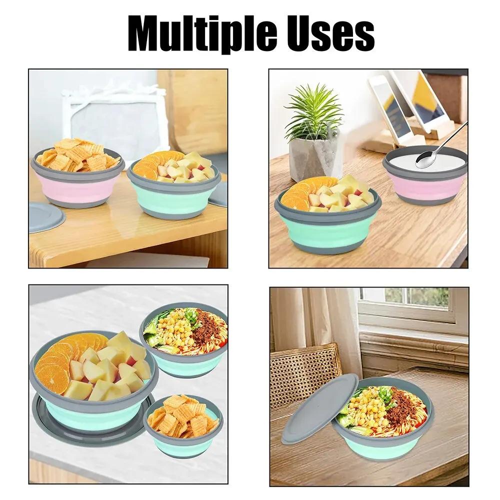 Silicone Folding Bowl with Lid, Salad Bowl Set, Foldable Lunch Box, Portable, 3 Pcs