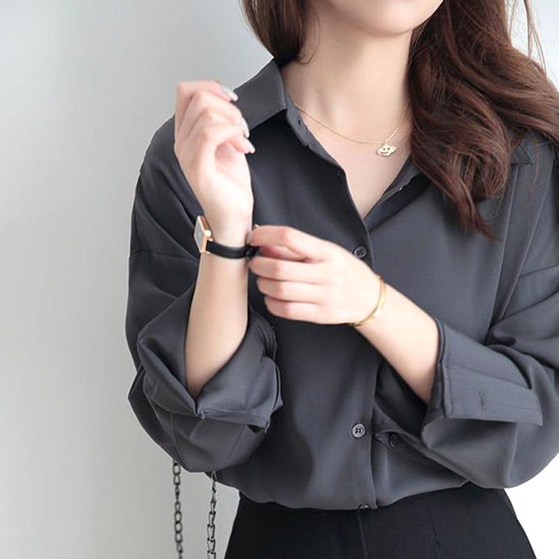 

Всесезонные блузки с отложным воротником на пуговицах, однотонные, свободного кроя, модные, повседневные, формальные, с премиальным темпераментом, удобная женская одежда L серый