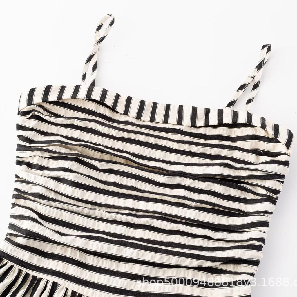 French Tall Splicing Striped Suspender Skirt, High-end Pleated Waist and Thin Off-the-shoulder A-word Dress, Long Dress.