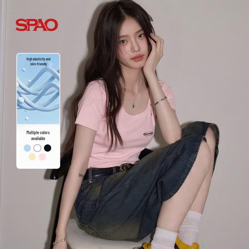 SPAO Simple Logo U-Neck Slim Fit Short Sleeve Top S