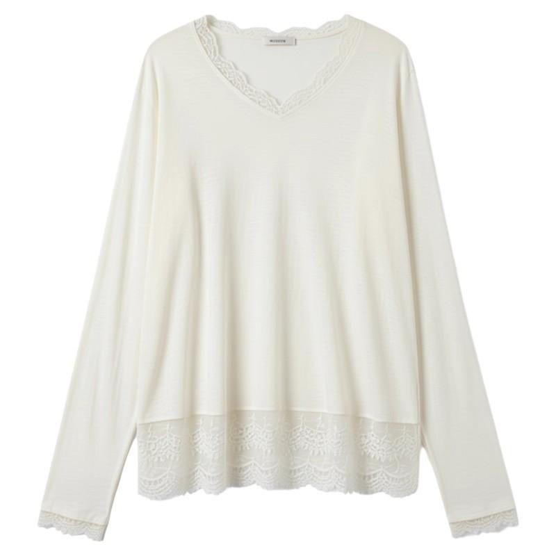 Women's 270g Thermal Fleece V-Neck Top with Lace Trim, Loose-Fit for Layering in Autumn/Winter