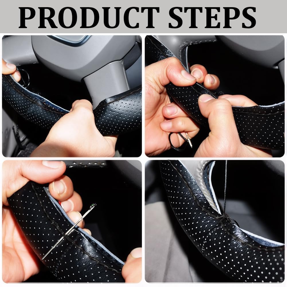Black Cowhide Steering Wheel Cover Breathable Genuine Leather Stitch On Sewing Wrap Universal Non-Slip Car Steering Wheel DIY Protector with Needle
