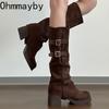 Retro Women Trouser Legs Removable Belt Buckle Autumn Winter Thick Heel Ladies Elegant Long Booties for Adult Women