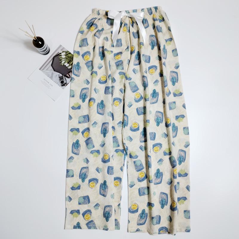 Women's Summer Cotton Silk Nine-Point Wide-Leg Pajama Pants - Plus Size, Loose, Breathable, Cooling, Ideal for Beach and Air Conditioning Comfort