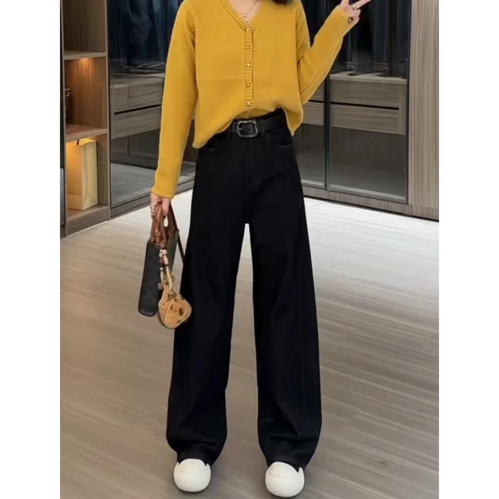 Women's High Waist Narrow Wide Leg Jeans Loose Fit Office Commuter Non Stretch American Retro Denim Pants