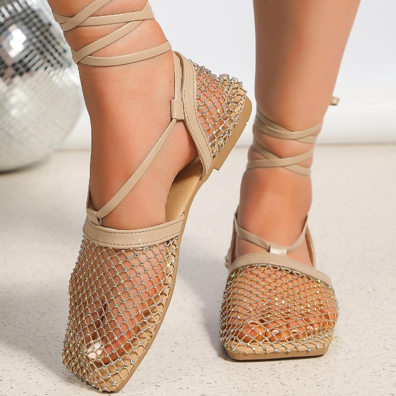 Sandale de modă pentru femei cu plasă ajurată, plate, cu cristale, de designer, de vară, noi, cu șireturi, romane, casual, papuci, șlapi respirabili Mujer Zapatos