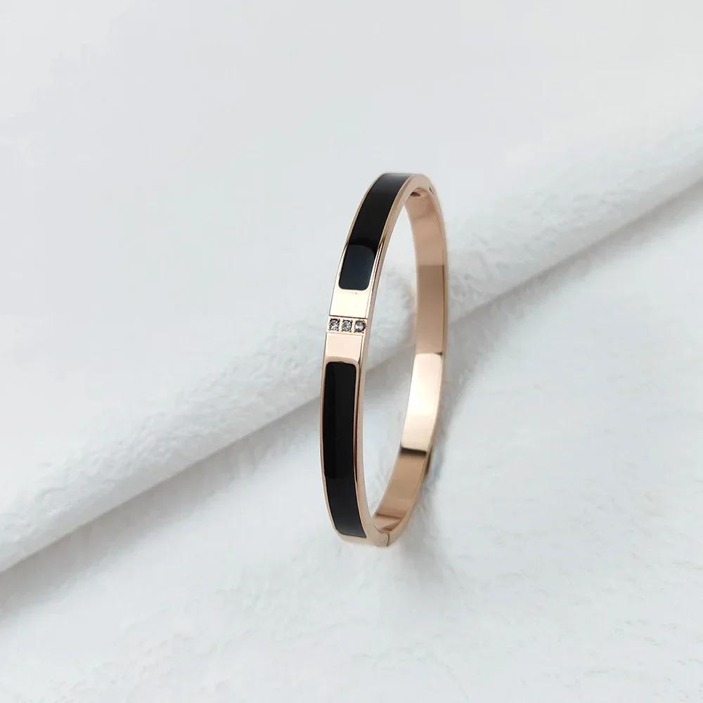 Bracelet Mode Noir Huile Goutte à Goutte pour Femmes Luxe Zircon Incrusté Acier Inoxydable Plaqué Or Bracelets Bijoux Cadeau Fête des Mères