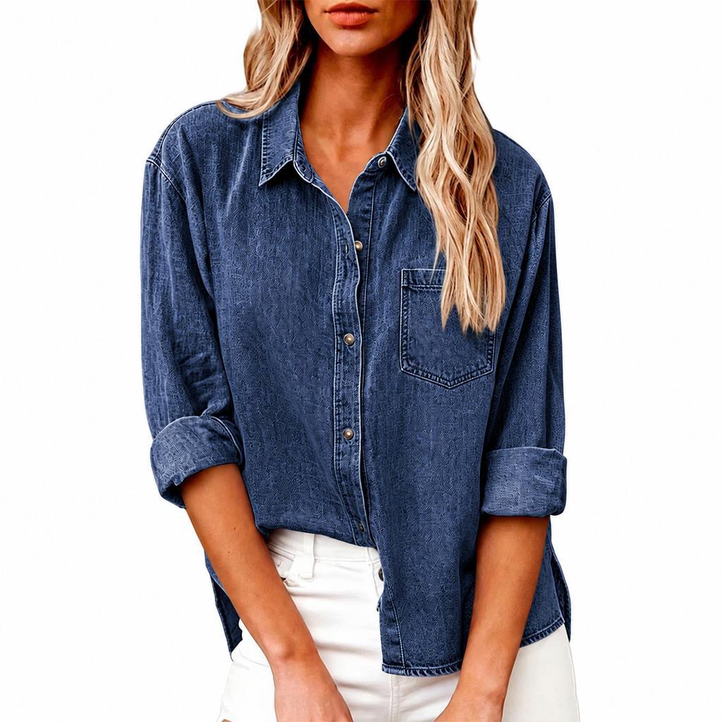 Women's Loose Fit Denim- Buttoned Top with Casual Design for Everyday Wear and