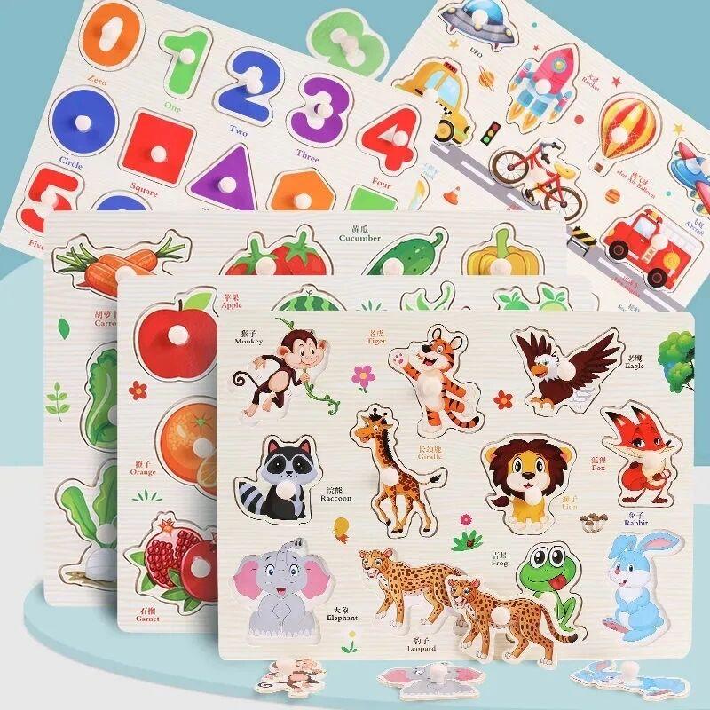 Montessori Holzpuzzles Baby Lernspielzeug Handgreifbretter Tangram Zeichentricktiere Früchte 3D Puzzles für Babys 2 3 Jahre