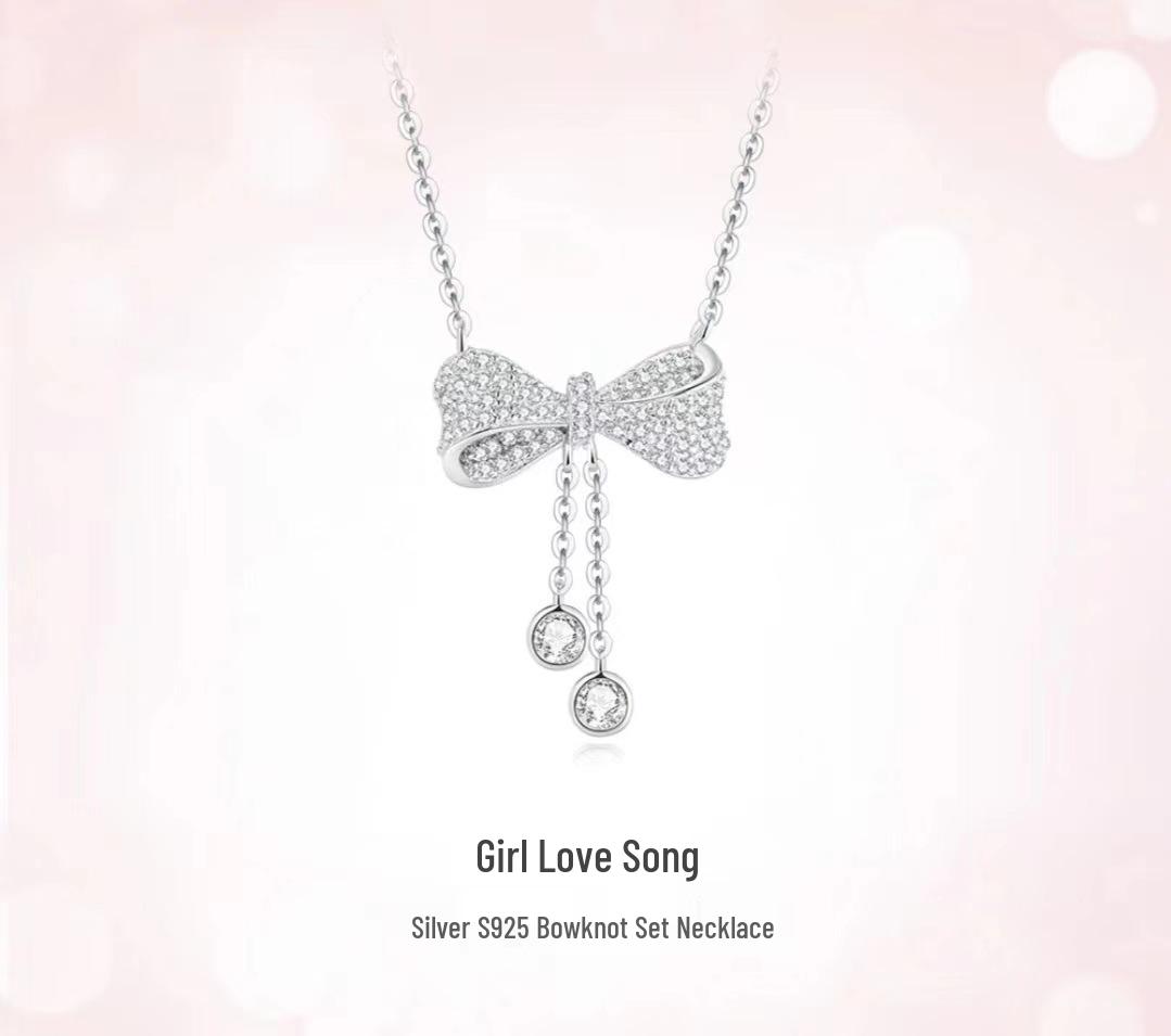 Exquisite S925 Sterling Silver Bow Tassel Pendant Clavicle Necklace for Women 925 Sterling Silver