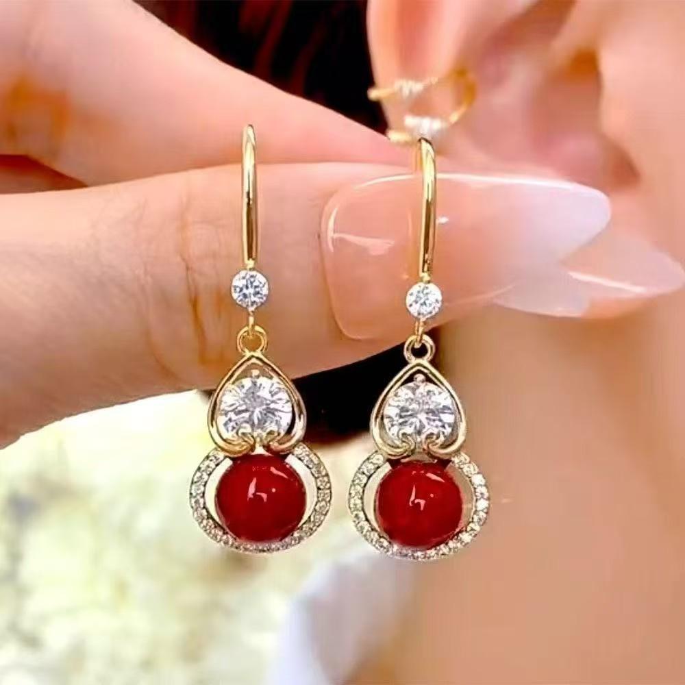 2025 Retro Red Pearl & Rhinestone Gourd Earrings for Women - Festive Light Luxury красный