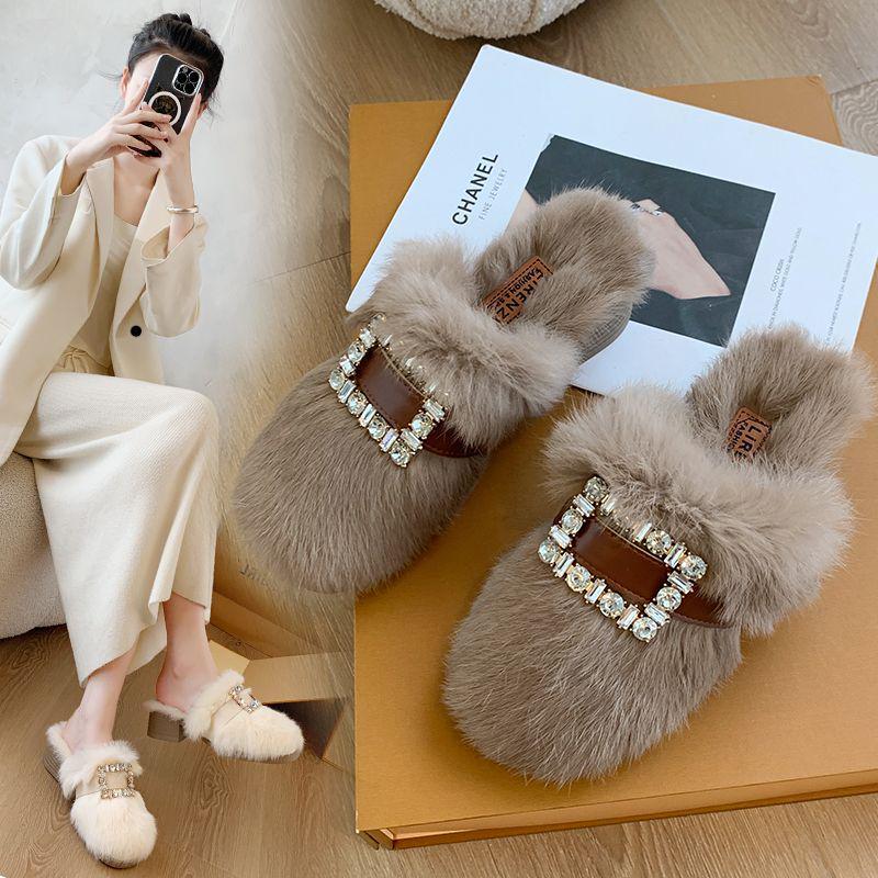 Autumn/Winter 2025 Women's Chunky Heel Furry Cotton Slippers - Mid-High Rabbit Fur Mule Shoes