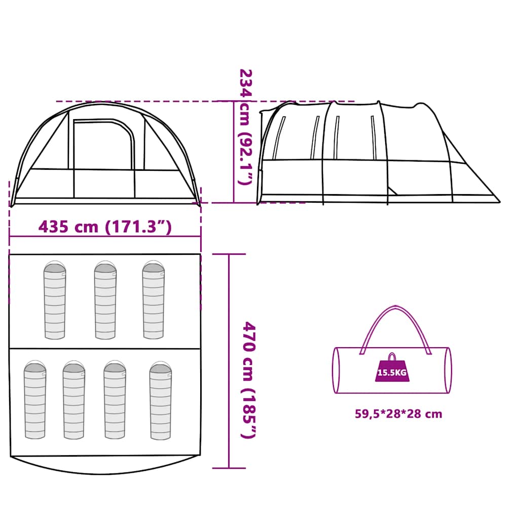 Tunnel Family Tent for 7 People Green Waterproof