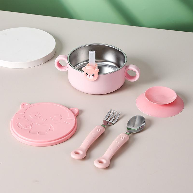 Baby Stainless Steel Feeding Food Tableware Suction Cup Non-slip Bowl Spoon Fork Straw Set Toddler Dinnerware