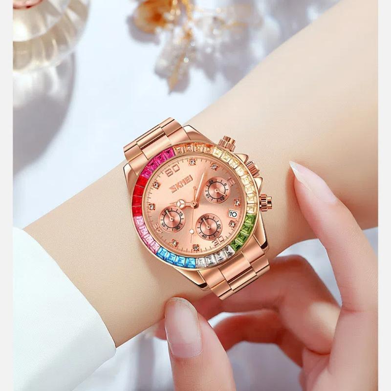 Skmei Orologi da Donna Lunetta Pietre Preziose Arcobaleno Business Lusso Top Brand Orologi al Quarzo Impermeabili Orologi Sportivi