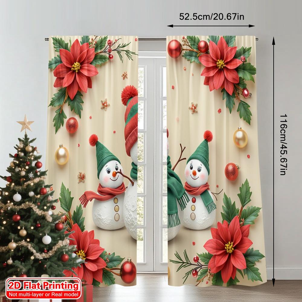 2pcs 2D Flat Printing Merry Christmas Popular Window Drapes Christmas Snowman Family Festive Celebration 100% Polyester Without