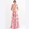 European and American Women's Clothing New Deep V Chiffon Long Printed Sleeveless Temperament Flower Dress Evening Dress