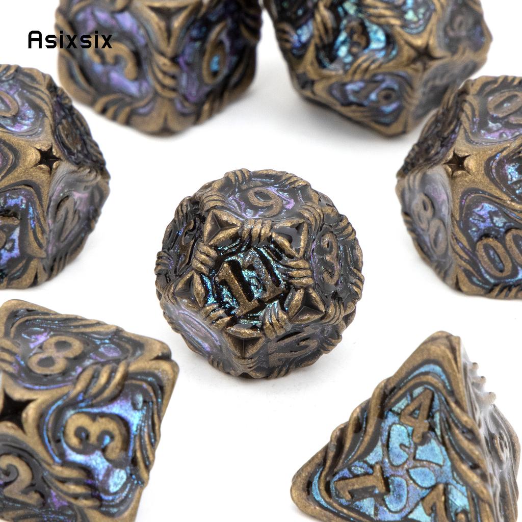 7 Pcs Yellow Blue Tree Vine Metal Dice Solid Metal Polyhedral Dice Set Suitable for Role-Playing RPG Board Game Dice RPG
