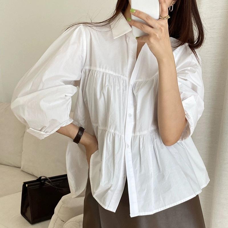 

Корейский шикарный простой топ с лацканами для женщин, однобортная блузка, мятая лоскутная свободная рубашка с рукавами-пузырьками 2XL белый