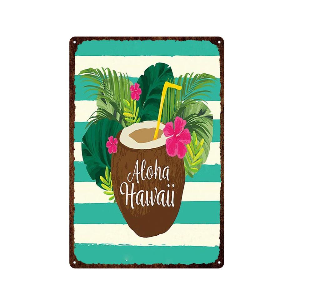 Panneau en métal avec paysage de bord de mer hawaïen Waikiki, célèbre ville touristique rétro, Plaque décorative de surf/voiture, peinture en fer, 20x30cm