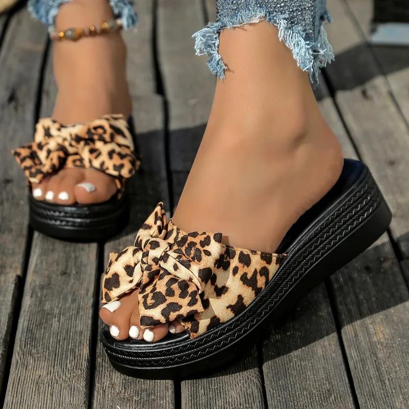 Plus Size 2025 Summer Round Toe Women's Slipper Bow Tie Outdoor Platform Sandals Women with Leopard Flat with Hot Sale Slippers