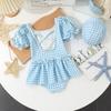 Ymgot Baby One-Piece Kids' All-in-One Swimsuit with Cap, Cute Ruffles, Sun Protection, Perfect for Water Play and Hot Springs (90, Blue)