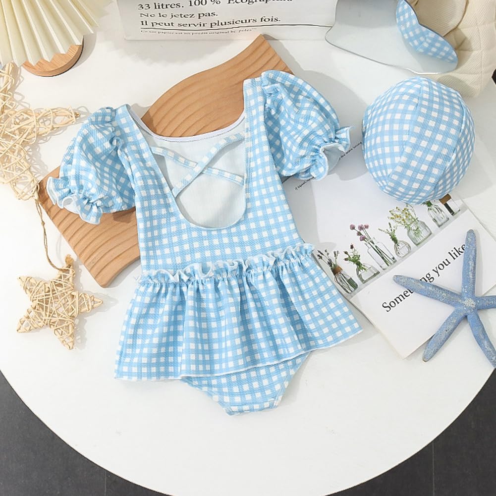 Ymgot Baby One-Piece Kids' All-in-One Swimsuit with Cap, Cute Ruffles, Sun Protection, Perfect for Water Play and Hot Springs (90, Blue)