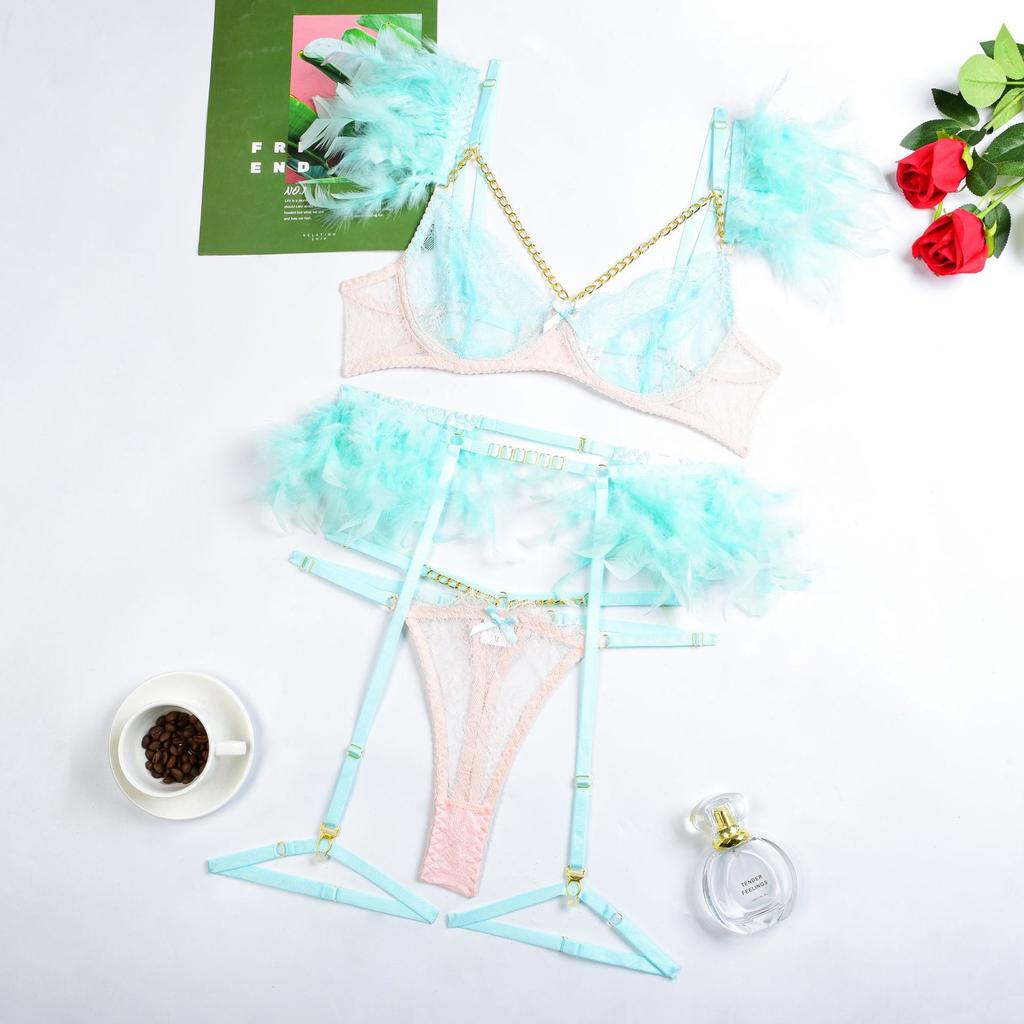 Women Sexy Exotic Set Feather Lace Lingerie Bra Set Elegant See Through Underwear Party Club Micro Bikini Thong Exotic Apparel