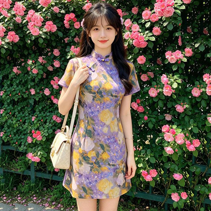 Purple New Chinese Short Cheongsam Improved Young 1011 New Girl High Sense Small Daily Summer