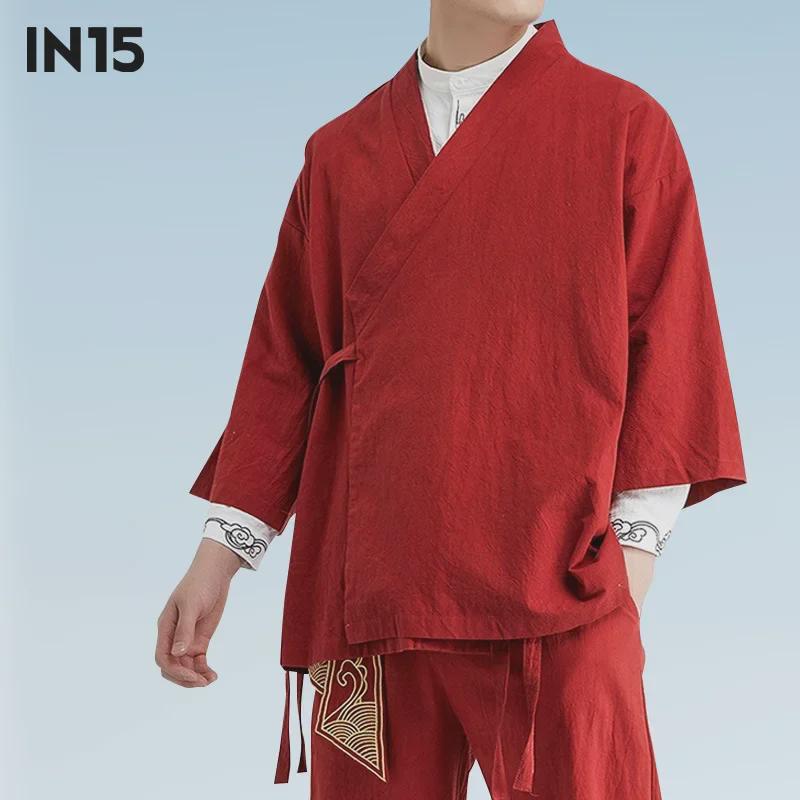 Men's Zen Buddhist Hanfu: Cotton & Linen Taoist Robe, Three-Quarter Sleeve, Spring/Autumn Ancient Style Tea Jacket