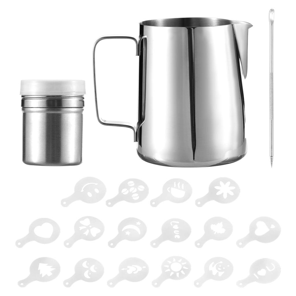 19pcs Coffee Art Set 12oz 350ml Stainless Steel Milk Frothing Pitcher with Scale Powder Shaker Art Pen and 16pcs Coffee