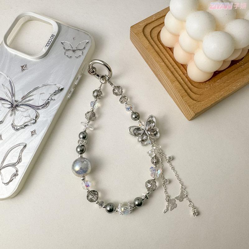 Elegant Pearl Alloy Butterfly Phone Lanyard Luxury Crystal Keychain Bag Charm Fashion Multi-Functional Key Holder Accessory