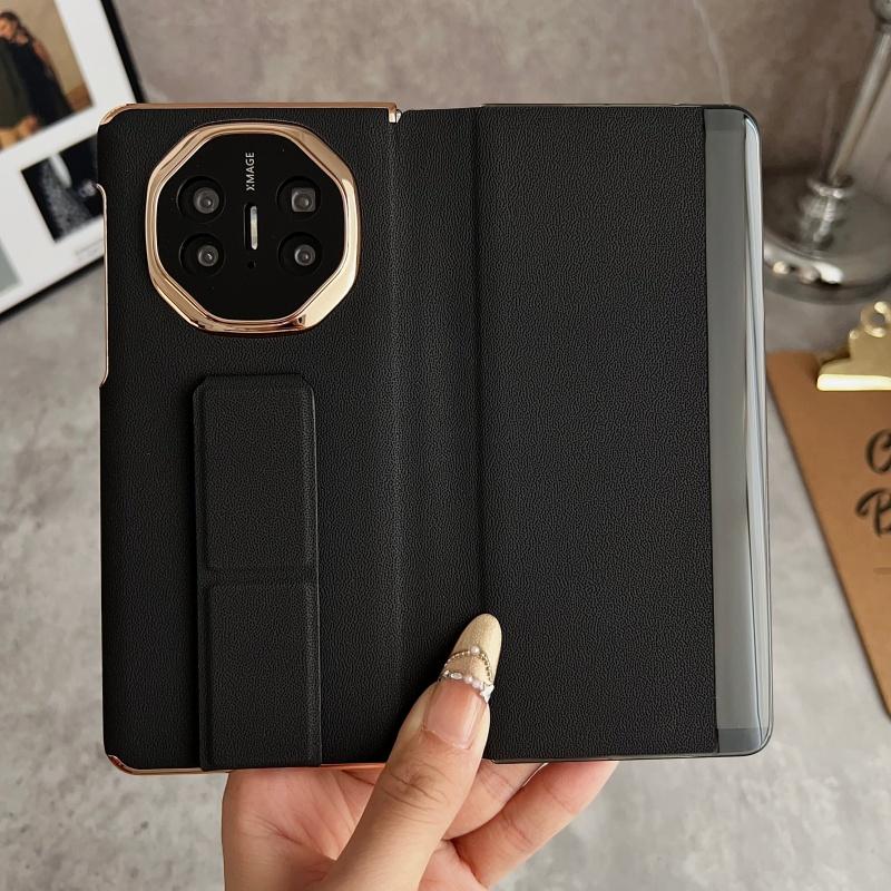 For Huawei Mate X6 and X5 Case Luxury Leather Dual Hinge Protection Finger Grip Strap Track Stand Case Cover