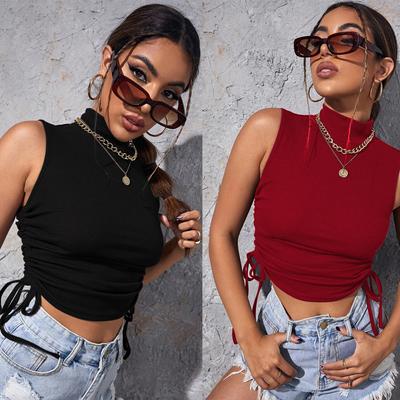 Mulheres Verão Cor Sólida Gola Alta Cadarço Casual Barriga de Fora Colete Top Cropped