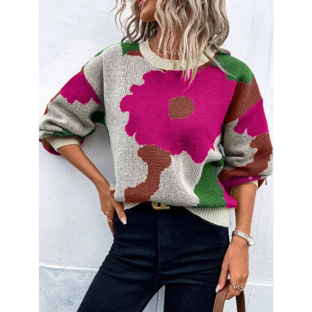 Autumn/Winter Round-neck Long-sleeved Knitted Top – Fashionable and Versatile Jacquard Casual Pullover for Women