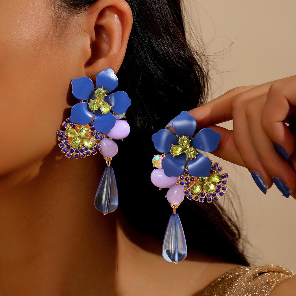 Resin Flower Retro Personality Exaggerated Versatile Water Drop Pendant Earrings