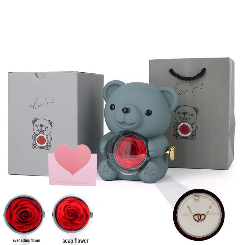 Set Regalo Fiore di Rosa Eterno & Collana con Scatola Portagioie Rotante in Acrilico e Orsacchiotto
