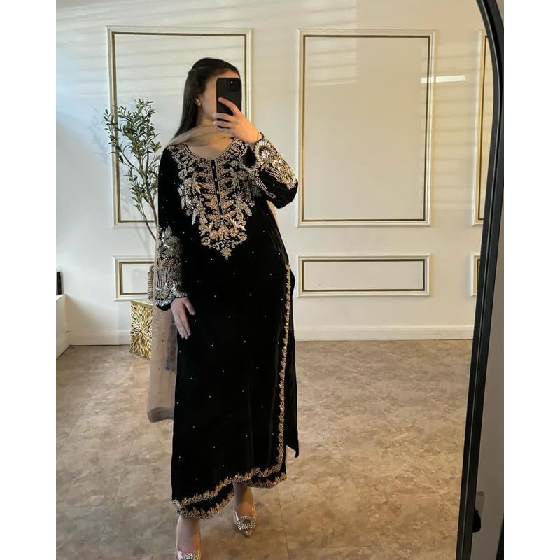 Ensemble Kurta Pyjama & Dupatta pour Femmes à Manches Suppar, Georgette Broderie Sequins (Tanya)