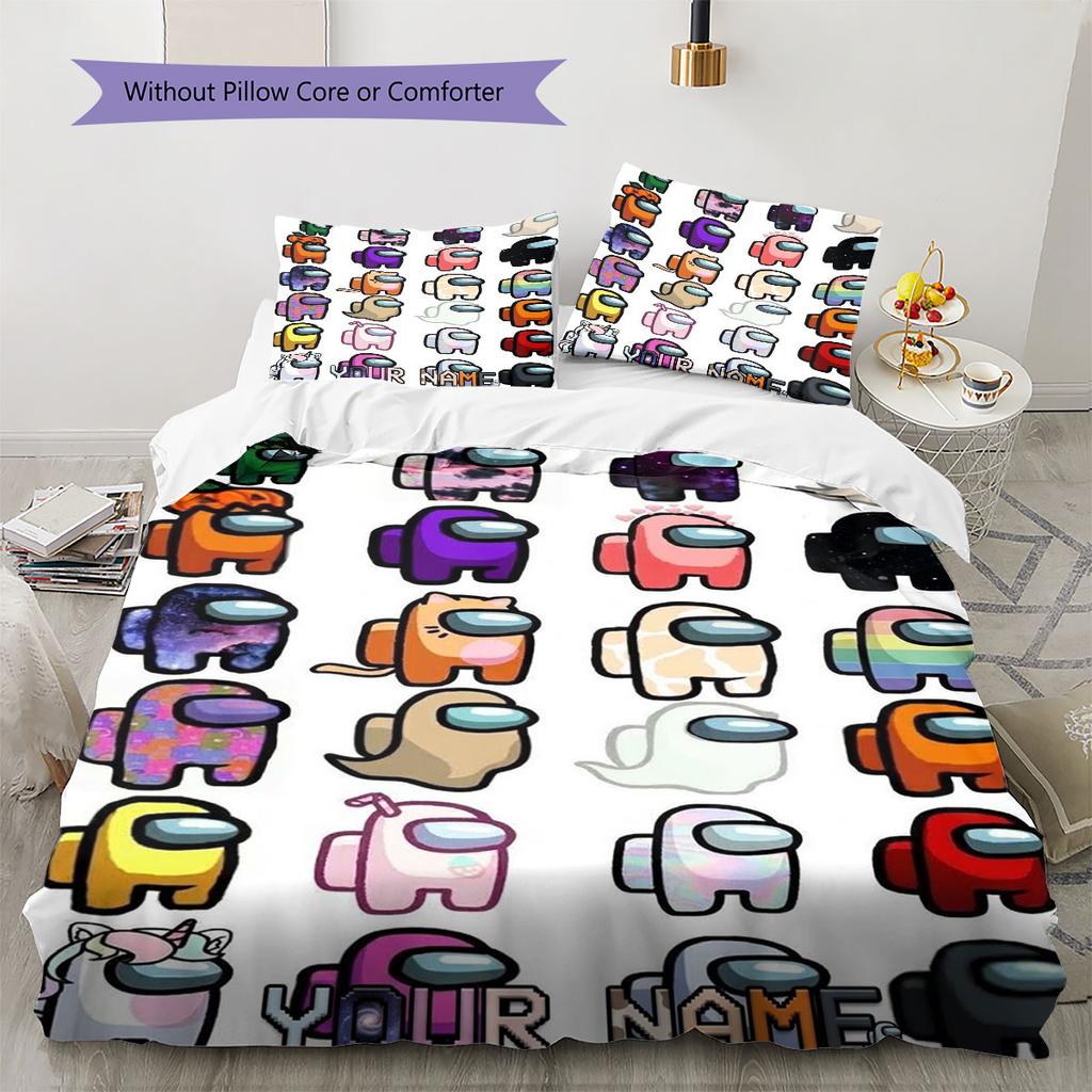 Among Us Custom Name Pattern Bedding,Quilt Set Quilt Cover Pillowcase Home Birthday Gift(1 * Duvet Cover + 2 * Pillowcase, Without Core)