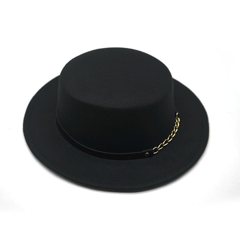 British Style Chain Solid Color Flat Top Top Hat Female And Male Gentleman Belt Buckle Large Wide Brim Retro Classic Jazz Hat