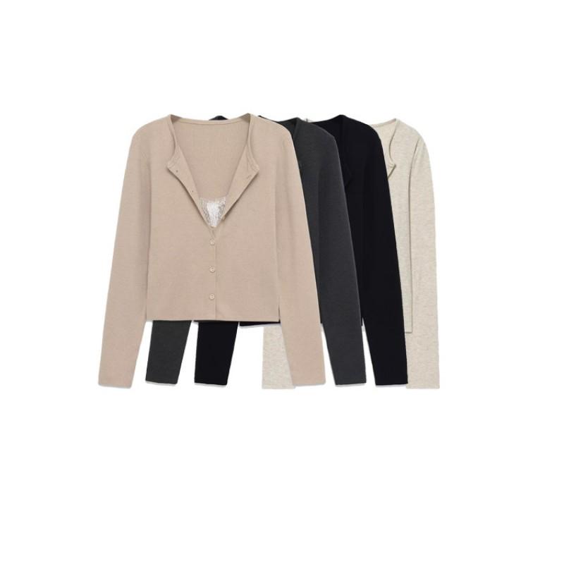 Damen Spitze Patchwork Strickjacke V-Ausschnitt Langarm Streetwear Top