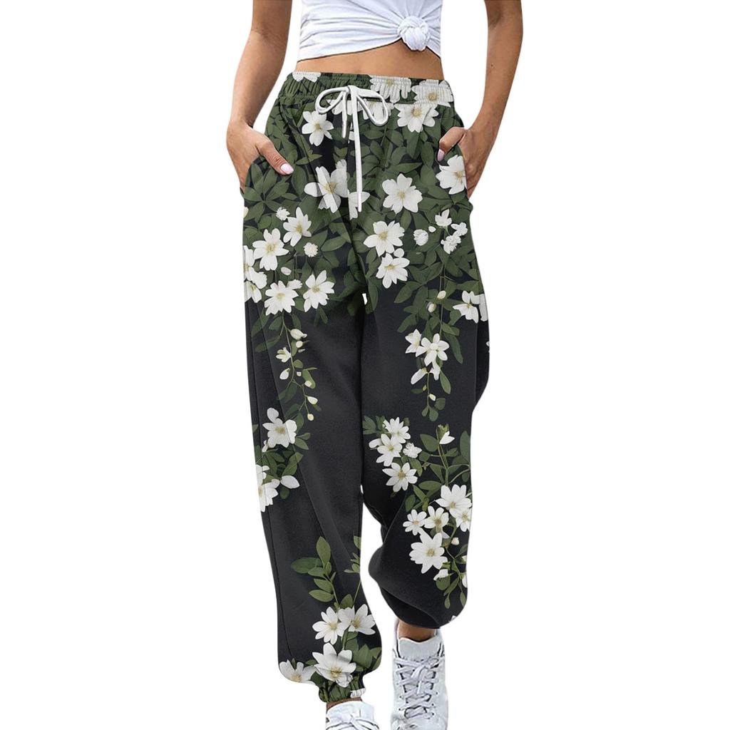 Women's Sports Pants With Pockets Fashion Floral Print Elastic Waist Pants Casual Sweatpants Pants