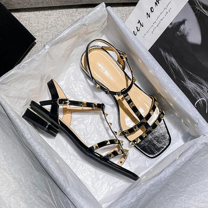 Women Modern Sandals Summer New Luxury Beautiful Rivet Band Leather Casual High Heels Shoes Sweet Pumps Big Size
