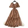 French retro square neck small flying sleeves waist hot diamond chiffon dress women's summer thin temperament drape long skirt
