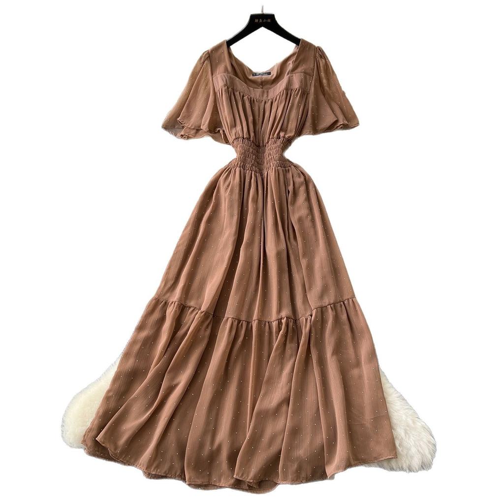 French retro square neck small flying sleeves waist hot diamond chiffon dress women's summer thin temperament drape long skirt