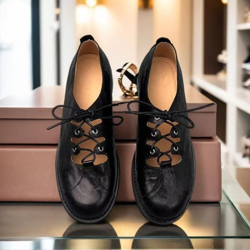 Autumn/Spring Women Loafers Round Toe Low Heel Shoes Genuine Leather Shoes for Women Cross-tied Women Pumps Handmade Shoes